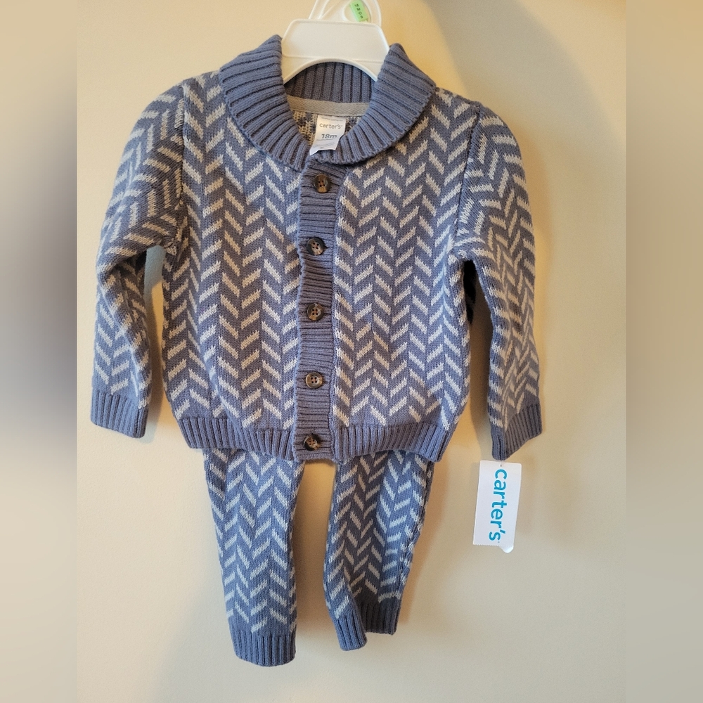 2 Piece Carter's Baby Knit Cardigan With Pants Chevron Size 18 Months Blue NWT